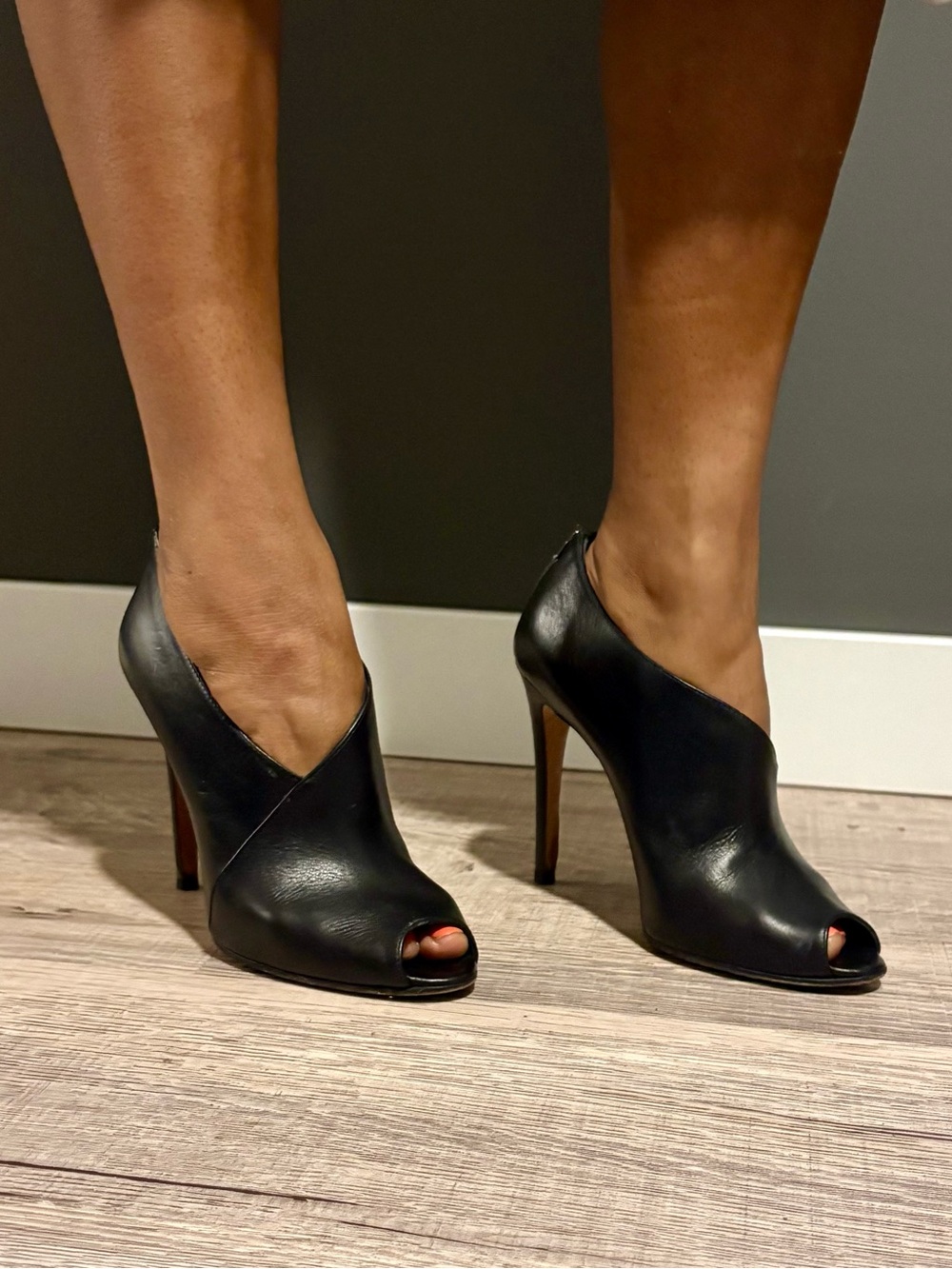 Prada Black Leather Peep-Toe Stiletto Booties